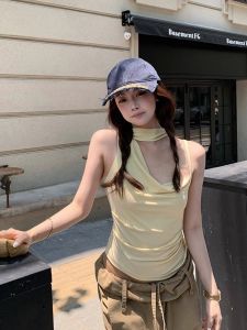 VKSOD | Korean Style Yellow Sling Strap Vest Womens Outerwear Summer Slimming Short Top Commute Style Pure Color Backless Design