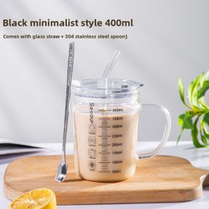 Heat Resistant Glass Mug with Lid and Straw Measurement Microwavable