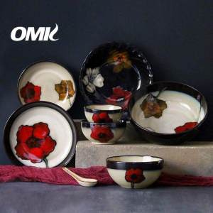 Omk gốm phong cách Nhật Bản Bộ đồ ăn đĩa ăn tối Đĩa sâu bát đựng cơm dung tích lớn bát canh Bộ muỗng chủ đề thiết kế nghệ tây