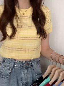 Knitted Blouse Plus Size Womens Summer Fashion Striped Short-sleeved T-shirt