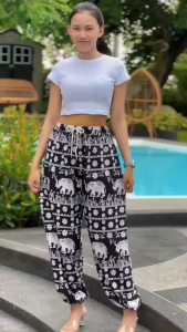 รุ่นเบสิค กางเกงมารุเบสิค ผ้าไหมอิตาลี เอวเชือก ขาจั๊ม/ขาปล่อย ลายช้าง