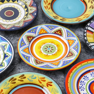 OMK โบฮีเมียนเซรามิกเพ้นท์สีด้วยมือ8.5นิ้วชุดอุปกรณ์บนโต๊ะอาหารจานข้าวจานอาหาร