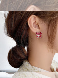 Red Butterfly Knot Pearl Earrings Womens Fashion Simple Silver Needle Ear Jewelry Alloy Material Original Design out