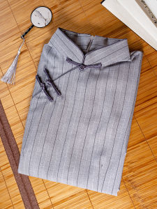 Young Style Thin Cheongsam Workwear Floral Filling Summer New Arrival Improved Version Elegant Short Sleeve Stripe Pattern