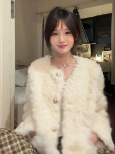 Lamb Fur Jacket Womens Thickened Autumn Winter Outerwear Commute Style round Neck Loose Fit FMAK Brand New 2024 Winter Collection