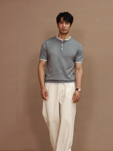 เสื้อยืดคอ Henley สไตล์เกาหลี ออกแบบเหมือนสองชิ้นแบบวินเทจ