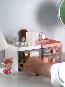 Rak Kosmetik Laci 2 Tingkat Kepala Kelinci Laci Susun Rak Mini Aesthetic Laci Meja Kantor Kotak Penyimpanan Desktop