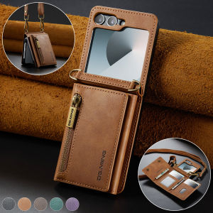 2 in 1 Luxury Leather Flip Phone Case For Samsung Galaxy Z Flip 7 6 5 4 3  Magnetic Wallet Card Solt Zipper Lanyard Cover ﻿