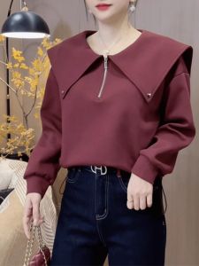 plus Size Fashionable Navy Collar Half Zip Hooded Shirt Womens Spring New Fleece Lined High End Feel Stylish Top