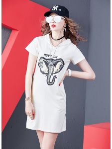 Summer New Style Colorful Shark Hooded Dress Casual Print Waist-Cinching A-Line Skirt Commute OL Fashion Polyester Blend Short Sleeve Midi Dress