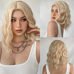 GEMMA Platinum Blonde Short Curly Wig Synthetic Wavy Wigs for Women Middle Part Short Bob Hair Wig Natural Heat Resistant Fibre