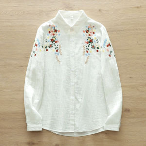 Double Layer Cotton Long Sleeve Shirt Womens Artistic Floral Embroidery Soft Skin-friendly Pure Cotton Loose Base Shirt Top