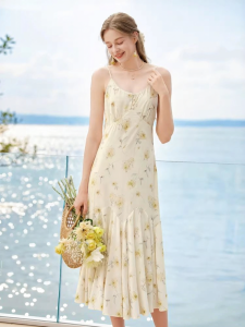 XIANGYING | Summer Beach Vacation Yellow Print Dress