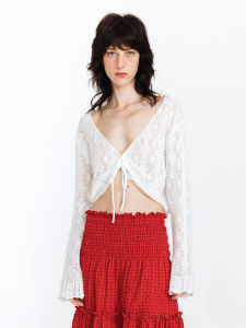 Lace Hollow Knit Tie Floral V-Neck Summer Cardigan