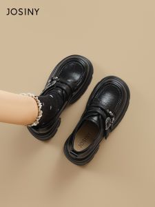 Josiny | Thick Sole Loafer Shoes Black English Style Coarse Heel
