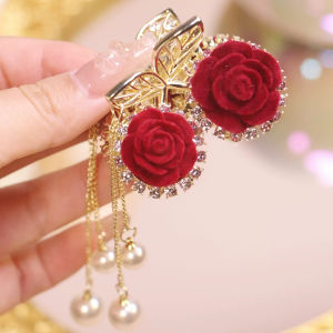 Red Rose Cherry Tassel Horsetail Clip Hair Pins For Women Girl Vintage Metal  Hair Clip Jewelry Accessories New