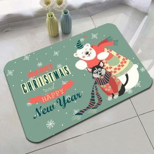 Christmas Bath Mat Merry Christmas Letter Antler Wreath Bow Print Non‑Slip Absorbent Floor Mat for Bathroom Holiday Home Decor