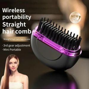 Portable Cordless Mini Hair Straightening Brush Anti-Scald Hair Straightener 1500mAh 3 Temperature Settings USB Rechargeable Lightweight Hair Straightener Brush for Travel