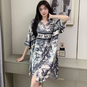 Áo Ngủ Lụa Băng Mùa Hè Cho Nữ Tay Ngắn Mỏng Cỡ Lớn Quần Áo Mặc Ở Nhà in Họa Tiết Hoạt Hình Vải Polyester