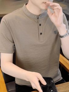 HENGYUANXIANG | Hengyuanxiang Mens Short Sleeve Polo Shirt Linen Pure Color Stand Collar Summer Fashion Casual Comfortable Breathable T-shirt
