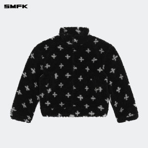 SMFK | Fluffy Cross Printed Lamb Look Jacket