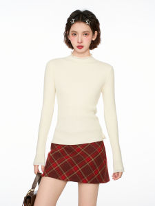 White Wool Long Sleeve Half High Collar Base Shirt Womens Spring Autumn Winter Slim Fit Knitted Sweater Woolen Top