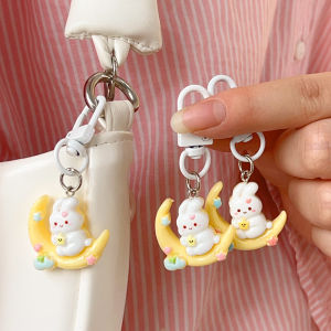 Cartoon Moon Bunny Keychain Ins Cute Bag Decoration Resin Pendant Creative Key Ring Small Gift