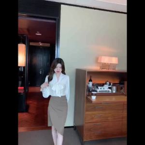 AMMIN 2025 Spring and Autumn new French V-neck bow ribbon design Long sleeve commuter chiffon shirt Womens fashion delicate sequin positioning patchwork elegant blouse