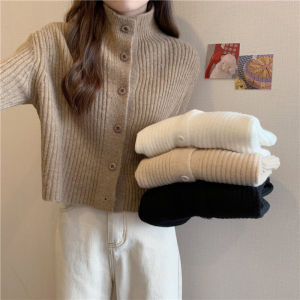เสื้อคาร์ดิแกนถักคอสูงสีคาเฟ่ เสื้อคลุมกันหนาวแบบหนา ทรงเข้ารูป แขนยาว ทรงหลวม สำหรับผู้หญิง ฤดูใบไม้ร่วง/ฤดูหนาว