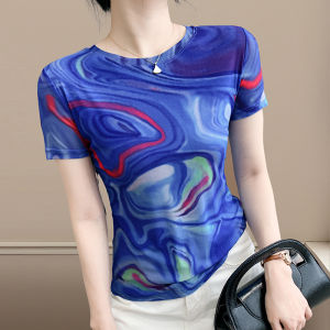 Yimei áo in hình Đẹp Tay ngắn nữ áo thun lưới gợi cảm mới 2025 trang phục mùa hè Áo áo nhỏ cổ tròn ôm gọn phong cách in