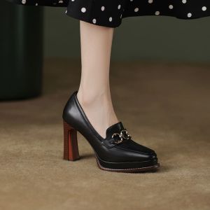 Giày Cao Gót Đế Xuồng Màu Nâu Cổ Điển Cho Nữ Mùa Xuân 2025 Thời Trang Đa Năng Giày Đơn Đế Dày Bằng Da Thật