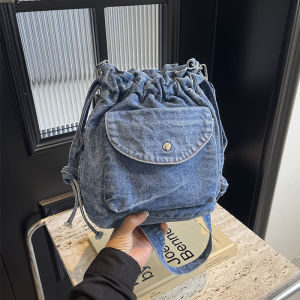 Fashionable Denim Bucket Bag Womens Crossbody Shoulder Bag Drawstring Korean Style Mini Small Size Shopping Bag