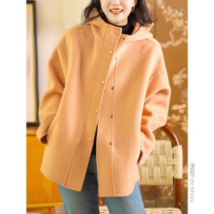 XIAOER | Youthful Style Wool and Tencel Hooded Coat