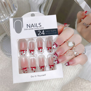 【With Glue】Ready Stock Female Mid-length Fake Nail Gentle and Sweet Love Bow Artificial Nail for Women and Girl Party Activity