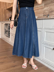 สูง เอว ทรงเอ กระโปรงยาวปานกลาง สีน้ําเงินเข้ม เดนิม Flared กระโปรง สะโพก ปกปิด พรางหุ่น ร่มวินเทจ กระโปรง สไตล์เกาหลี เดินทาง