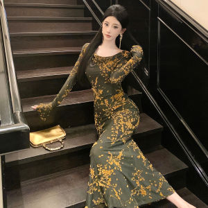 ชุดเดรสยาวคลุมเข่าสไตล์ฝรั่งเศส ทรงเอ เอวสูง แขนยาว ผ้าโพลีเอสเตอร์ ชุดเดรสยาวคลุมเข่าฤดูใบไม้ร่วง/ฤดูหนาว ชุดเดรสยาวคลุมเข่าสำหรับผู้หญิง