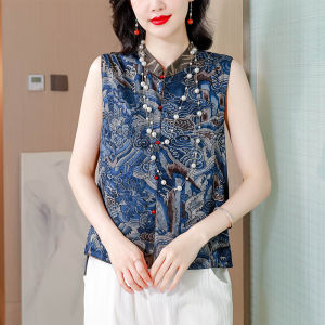 New Chinese Style Silk Cloud Sha Vest Women Summer New Fashion Mom Outdoor Wear Shoulder Pad Tank Top Silk Top Spring