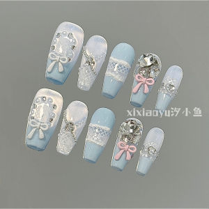 Handmade Blue Lace Butterfly Knot Nail Stickers Wearable Medium-Length Nail Art for Girls Sweet And Stylish Nail Extensions
