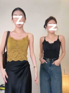 Lace Patchwork Silk Blend Strap Vest Women Spring Autumn New Backless Sleeveless Inner Wear Short Outerwear Top