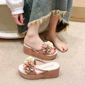 Womens Thick Heel Sandals Summer Outdoor Beach High Heel Flower Slippers Heightening Rubber Bottom Clogs Casual Flip Flops