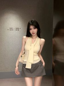 Korean Style Summer Lace Splice Slim Fit Design Womens Sleeveless Neck Hanging Vest Pure Desire Top Peach Color Sash