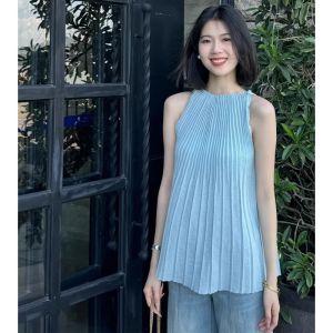 YUEZHONGWEI | French Elegant Black Round Neck Pleated Hanging Neck Vest Women Summer Loose Slimming Sleeveless Doll Shirt Top