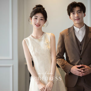 Mingshang Silk Engagement Dress Pearl Embellished High Waist A-Line Skirt Vintage Style Zipper Backless Mid-Length Summer Wedding Dress