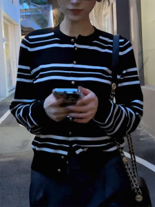 QINGNAER | Retro Elegant Stripe Contrasting Long Sleeve Round Neck Knitted Cardigan