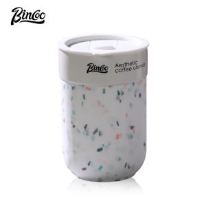 BINCOO Ceramic Coffee Cup with Lid Coffee Mug Portable Water Bottle for Office Travel and Car 300ML