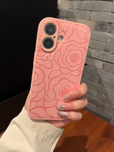 CrashStar Camellia Flower Leather Silicone Soft Shockproof Phone Case For iPhone 17 16 15 14 Pro Max Plus 13 12 11 Pro Max XR Luxury Retro Phone Cover Fashion Embossed Phone Casing Skin