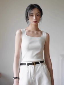 American Style Square Neck Wide Shoulder Strap Womens Summer Ice Silk Knitted Vest Slim Fit Outerwear Short Sleeveless Top