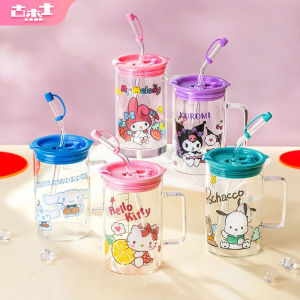 For Sanrio 600ML Straw Glass Mugs for Cinnamoroll& Kuromi Printing Home Transparent Water Cup with Scale Office Juice Milk Mug