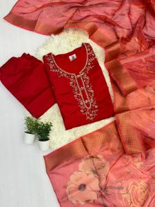 SG Ready Stock - Premium Quality  Party Wear Collections-New Designer Launching Kurti Set with pant and Dupatta- Roman Silk Fabric with Cotton Linning