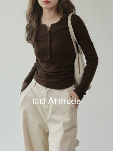 Amy wine house | Maillard Long Sleeve Brown Slimming Base Layer T-shirt Henley Collar Top